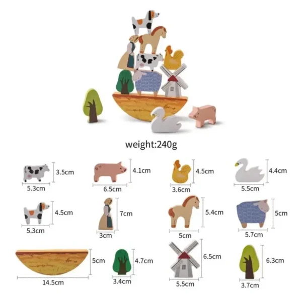 A set of wooden animals and trees with measurements.