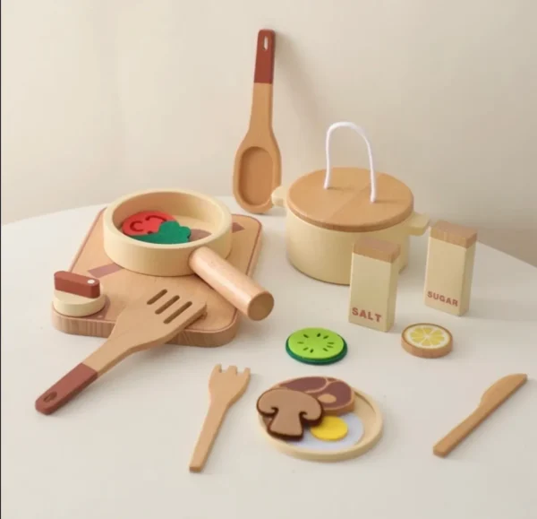 A table with wooden toys and food on it