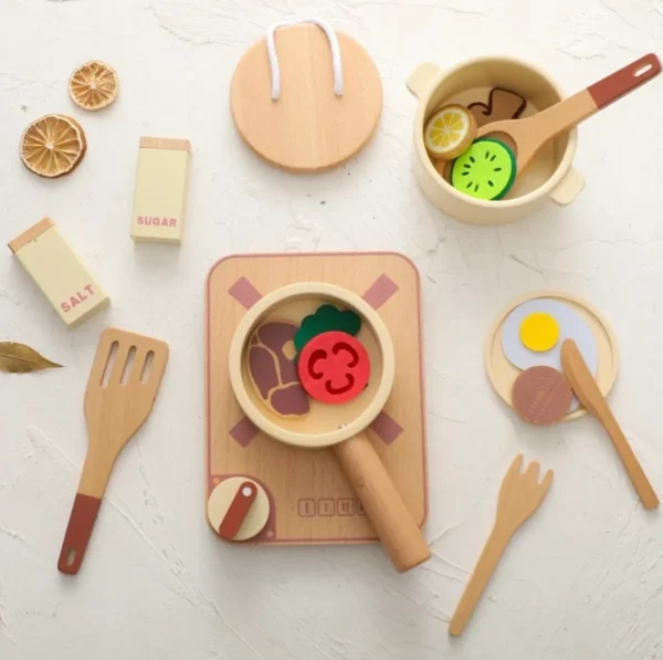 A table with wooden toys and utensils on it