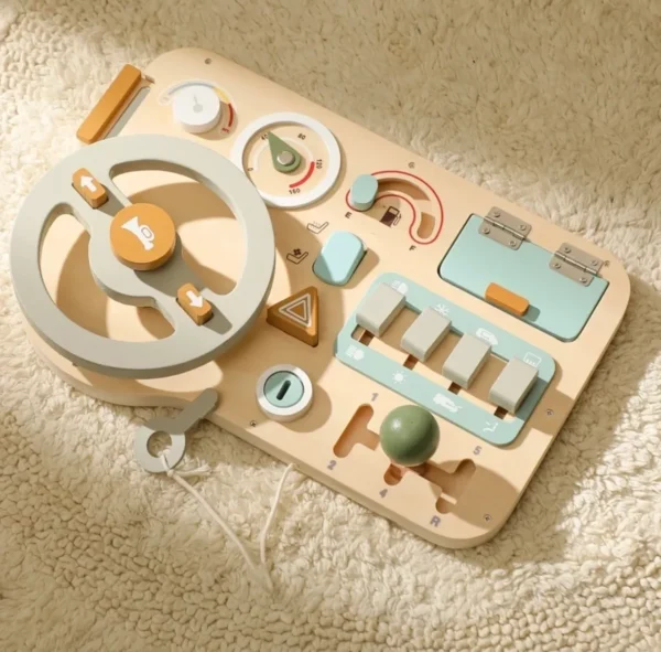 A wooden toy with many different shapes and colors.