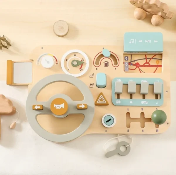 A wooden table with various toys and objects on it.