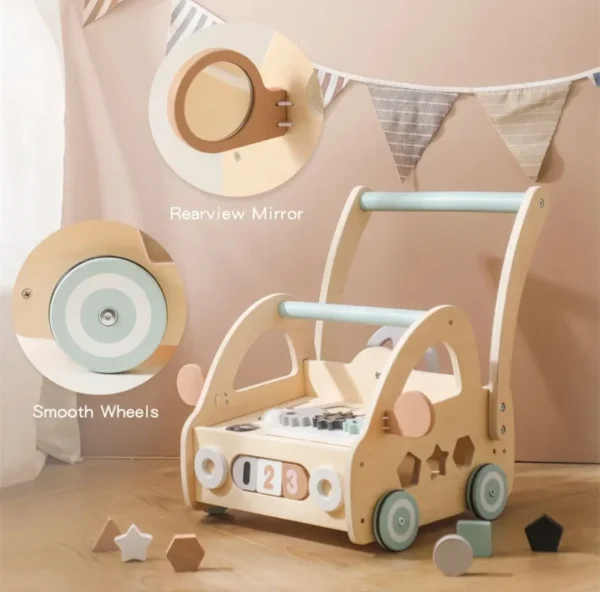 A wooden toy cart with wheels and a mirror.