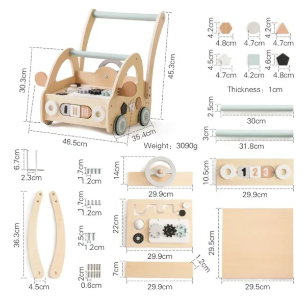 A wooden cart with wheels and many different parts.