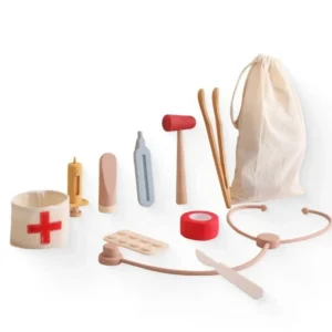 A wooden toy set of medical equipment and tools.