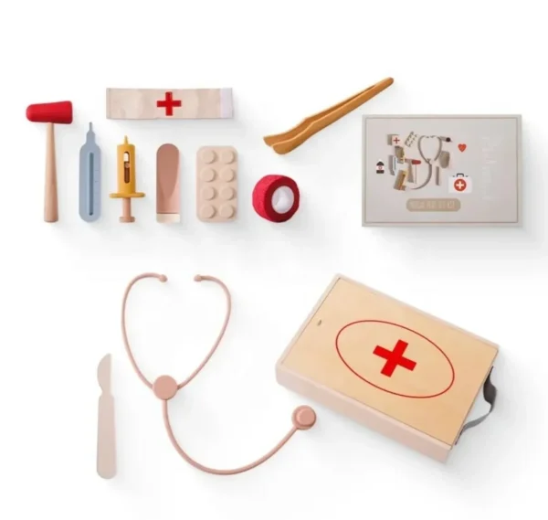 A wooden toy set of doctors and medical equipment.