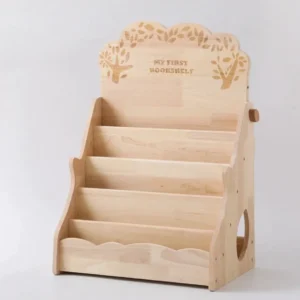 A wooden display case with four levels and a gold design.