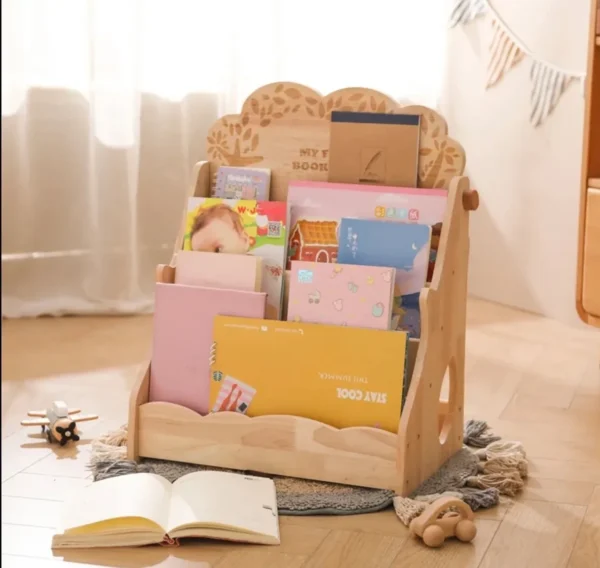 A wooden book stand with books on top of it.