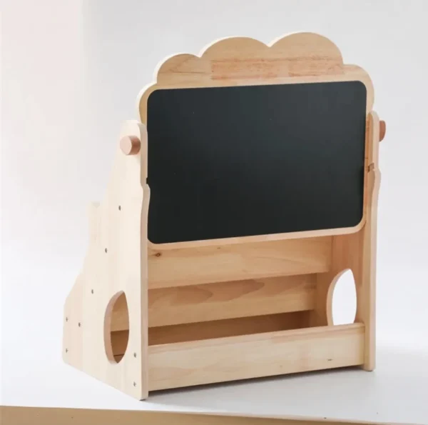 A wooden stand with a chalkboard on top of it.