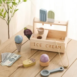 A wooden ice cream set on top of a table.