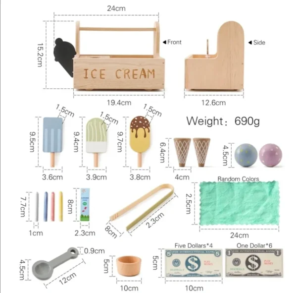 A set of ice cream items and other accessories.