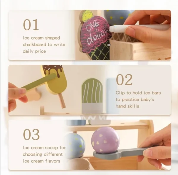 A series of three pictures showing how to use the ice cream stick.