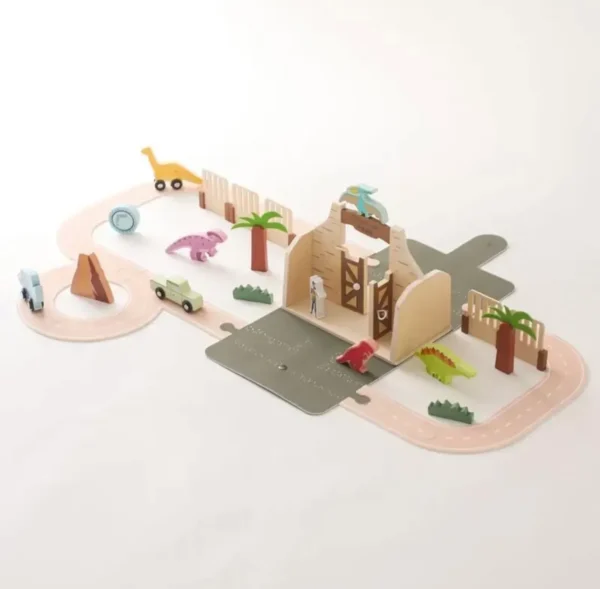 A wooden toy set with various animals and buildings.