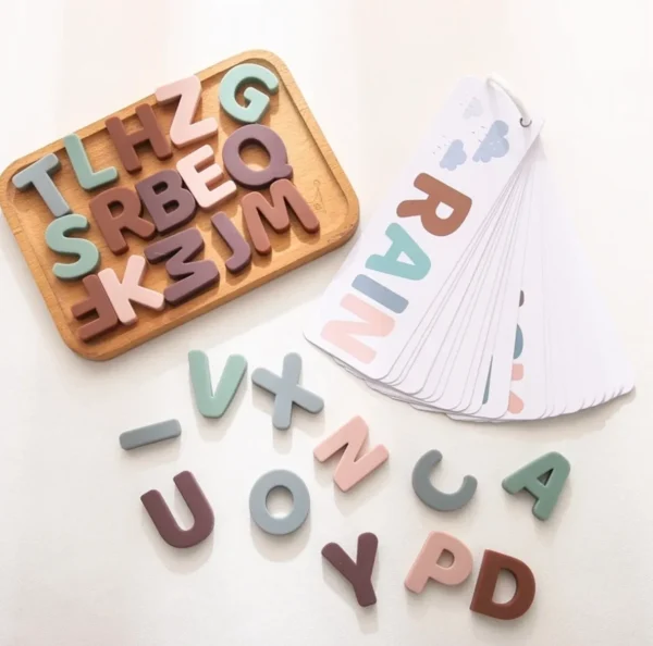 A wooden puzzle with letters and numbers on it.