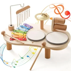 A wooden toy with musical instruments and notes.