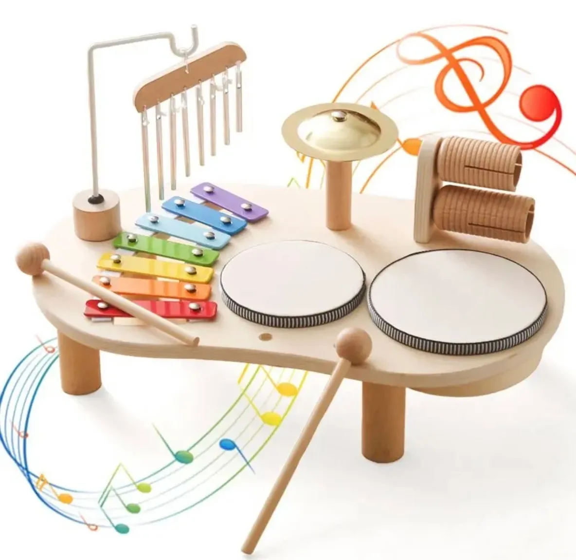 A wooden toy with musical instruments and notes.