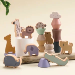 A group of wooden toys sitting on top of a table.