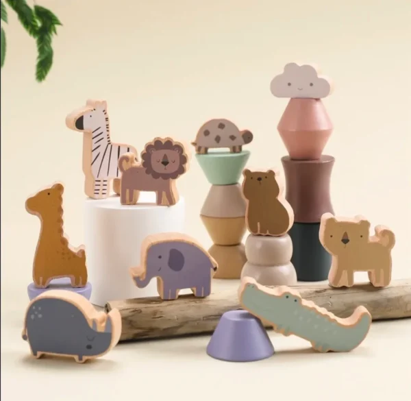 A group of wooden toys sitting on top of a table.