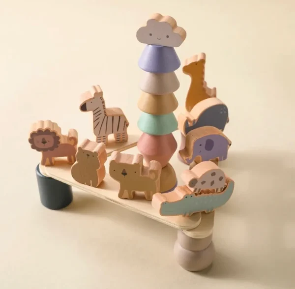 A wooden toy with different colored animals on it.