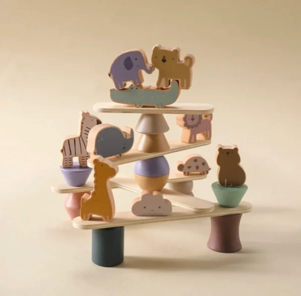 A wooden toy with animals on it.