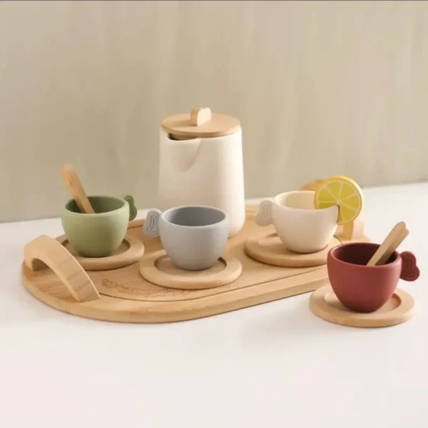 A wooden tray with cups and spoons on it