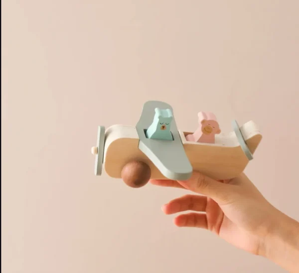 A hand holding a toy plane with a person inside.