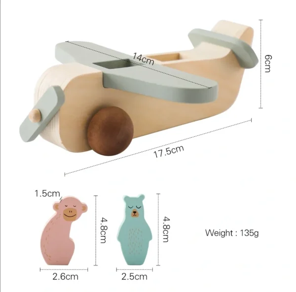 A wooden toy plane with measurements.