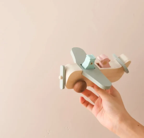 A hand holding a wooden toy plane in front of a wall.