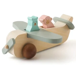 A wooden toy plane with two different colored wheels.