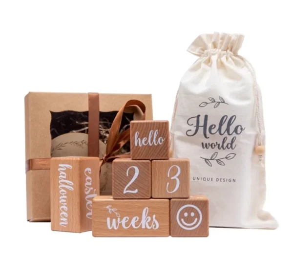 A wooden block set with the words hello world written on it.