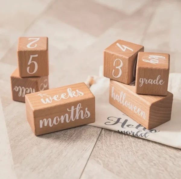 A set of six wooden blocks with the numbers 5, 6, 7 and 8.